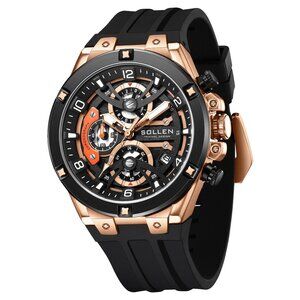 Men's Chronograph Watch with Silicone Strap, Waterproof, Skeleton Dial